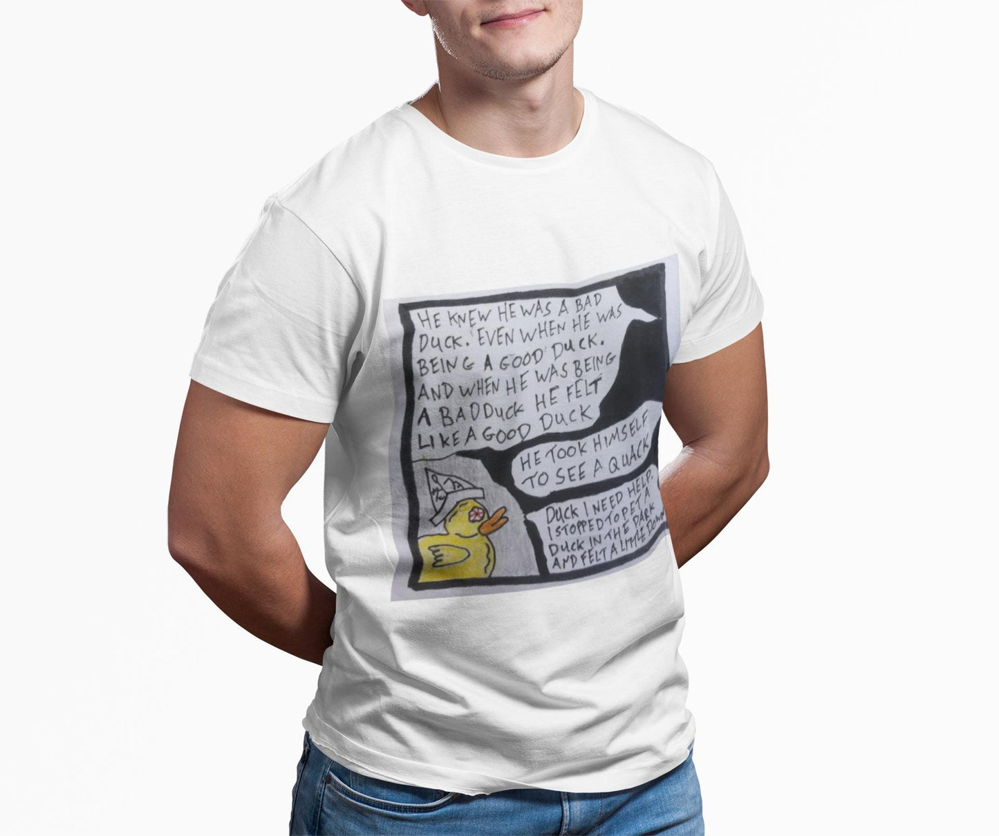 Hand Drawn Duck Comic T-Shirt | Mental Health Support Awareness Tee