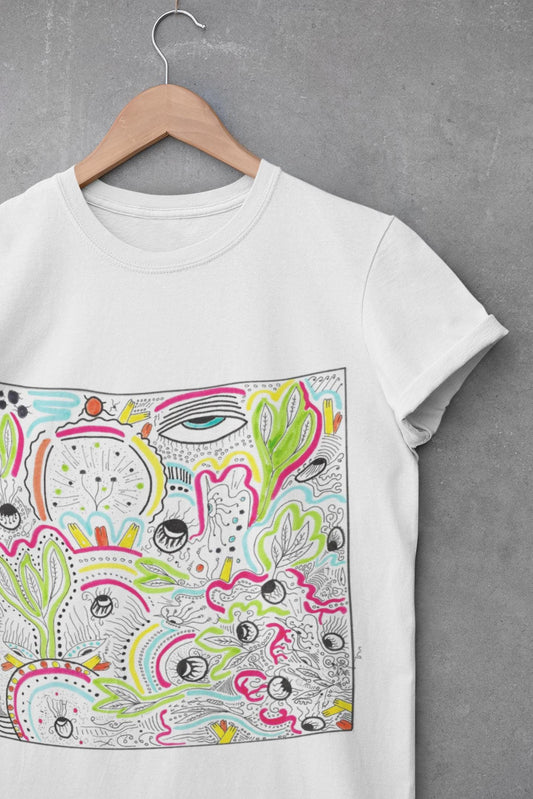 Surreal Psychedelic Mushroom Garden T-Shirt | Abstract Floral Fungi Art